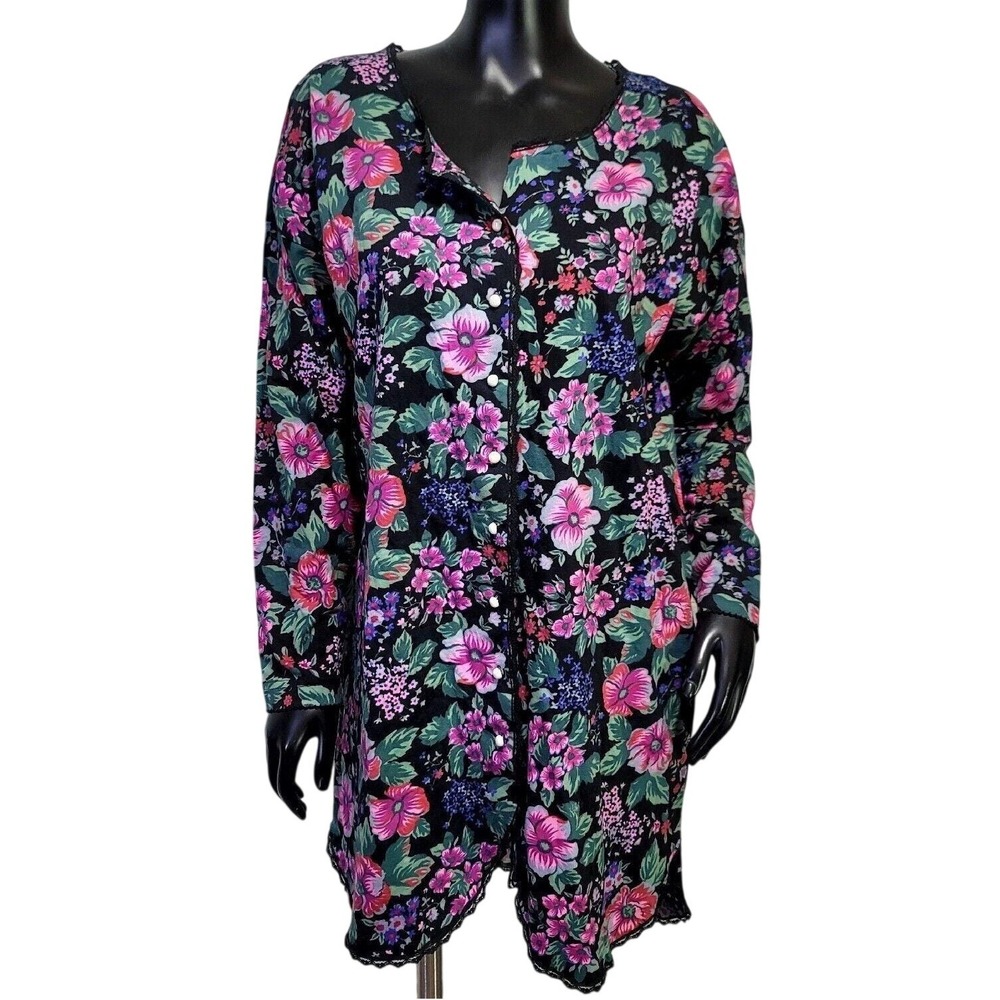 Victorias Secret Vintage Floral Cotton‎ Nightshirt Lace Trim Black Pink P/S